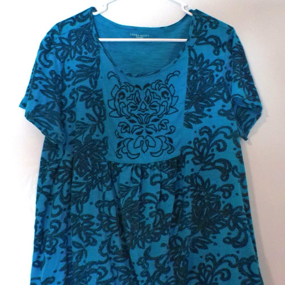 Laura Scott Teal Floral Top Women’s XL 100% Cotton Short Sleeve Casual Blouse